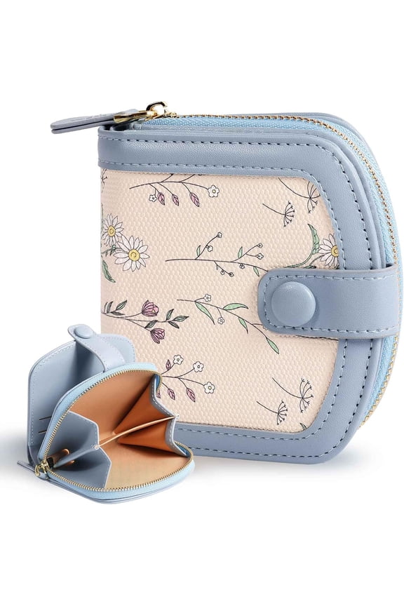 Cute Floral Print Wallet Card Holder, Vertical Zipper Closure Mini Thin Short Wallet, Aesthetic Kawaii Coquette Leather Pocket Wallet For Girls, Women, Ladies (blue)
