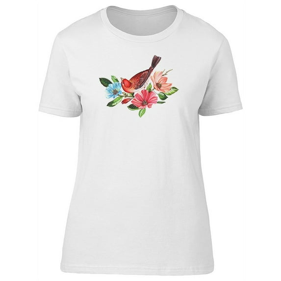 Cute Floral Red Watercolor Bird T-Shirt Women -Image by Shutterstock, Female x-Large