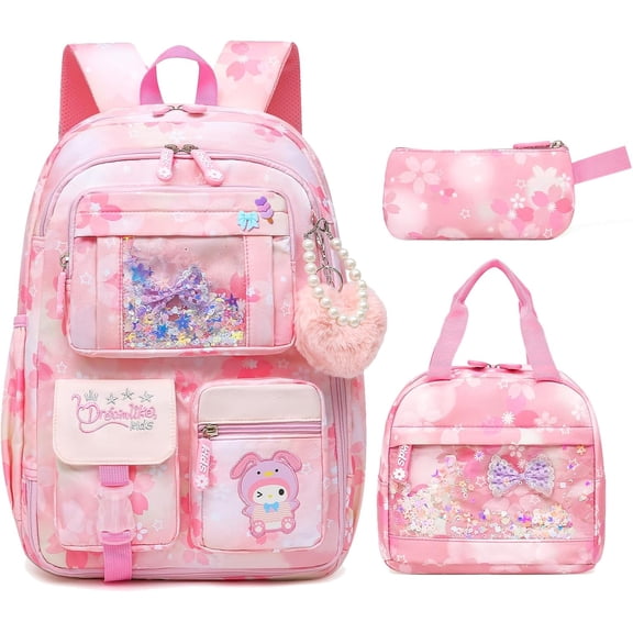 Cute Floral School Backpack Set for Women and Teens, 3PCS Backpack with Lunch Bag and Accessory Pouch, Large Capacity Water Resistant Travel Daypack with Multiple Pockets