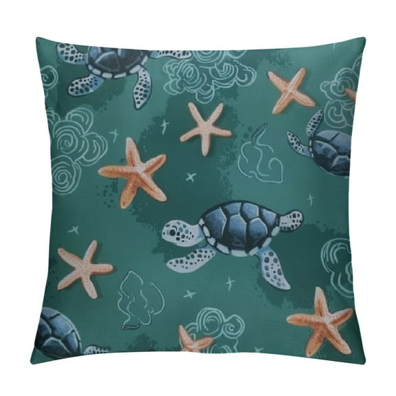 Cute Floral Sea Turtle Blue Sea Life Coral & Shel Pattern Throw Pillow
