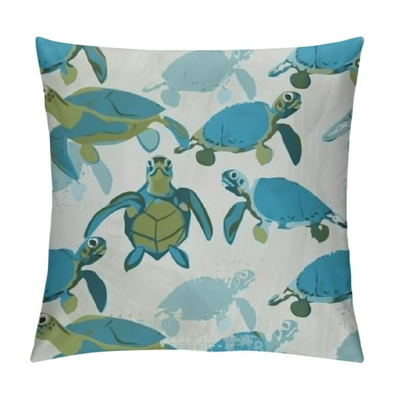 Cute Floral Sea Turtle Blue Sea Life Coral & Shel Pattern Throw Pillow