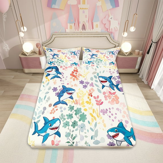 Cute Floral Shark King Bed&nbsp;Sheets Set,Ocean Sea Animal Shark Bedding Set for Kids Boys Girls,Colorful Flower Leaf Plant Sheets Nautical Marine Life Fitted Sheet Set 4Pcs