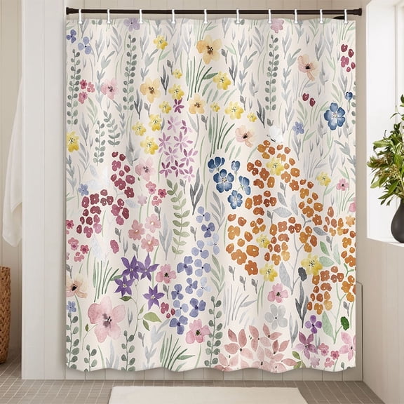 Cute Floral Shower Curtain,Boho Kids Watercolor Flower Fabric Spring Girls Girly Wildflower Pink Cloth Bathroom Curtains, Funky Trendy Plant Bathroom Decor Set with Hooks 72x72 Inch