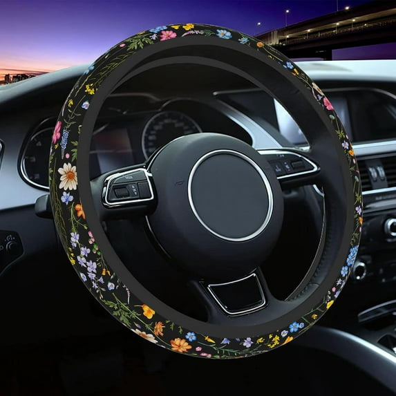 Cute Floral Steering Wheel Cover 15 Inch, Wildflower Print Car Accessories, Anti-Slip Breathable Microfiber, Universal 14.5-15 in for Most Cars, Sweat Absorbing Steering Wheel Protector for Women
