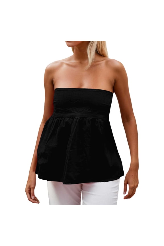Cute Floral Strapless Peplum Tops for Women Y2k Flowy Tube Top Teen Girls Ruffle Bandeau Summer Tops/Black/L