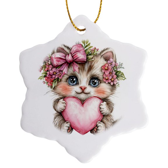 3drose, Cute Floral Valentine Kitten Holding a Pink Heart, 3 inch Snowflake Porcelain Ornament