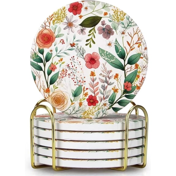 Cute Flower Absorbent Drink Cup Coasters Set of 6 Floral Coffee Table Decor | Ceramic Colorful Spring Coaster with Holder Floral Funny Unique Desk Vintage Outdoor Coster Cool Boho Pretty Coasters Gif