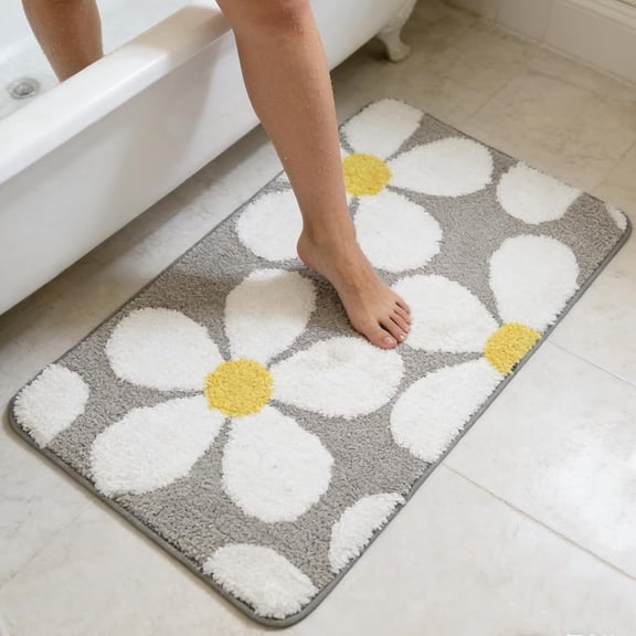 Grey Cute Flower Bath Mat, Ultra Soft Microfiber Non Slip TPR Backing Absorbent Washable Bathroom Rug for Shower Tub Sink Bedroom Restroom Grey 29.5 x 18.5 Inch