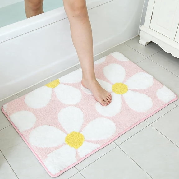 Pink Cute Flower Bath Mat, Ultra Soft Microfiber Non-Slip TPR Backing Absorbent Washable Bathroom Rug for Tub Shower Sink Bedroom 29.5 x 18.5 Inch