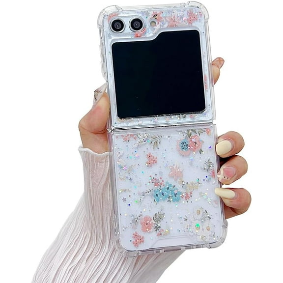 Cute Flower Case for Samsung Galaxy Z Flip 5 Glitter Powder, Clear Woman Case for Galaxy Z Flip 5 Lovely Floral Design, Girls Protective Case for Z Flip 5 Airbag Corner and Hard PC Back (Flower A)