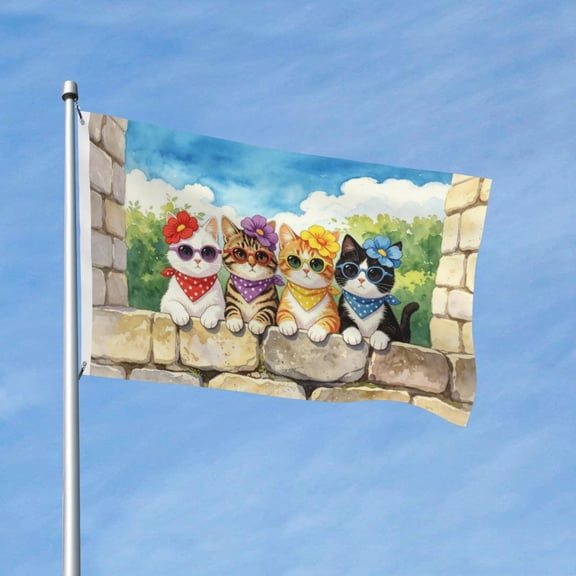 Cute Flower Cats Garden Flags for Outside 3x5 Ft Large House Flag Housewarming Gift Flag Double Sided Sunglasses Flower Bandana Cats Flags Gifts for Men Women Cat Lovers Yard Outdoor Patio Decor