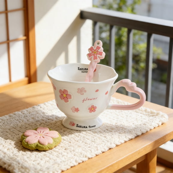 Cute Flower Ceramic Coffee Mug Heart Handle Gift Box Set - Spoon Included, Festive Floral Design, Thoughtful Holiday Present for Mom and Friends