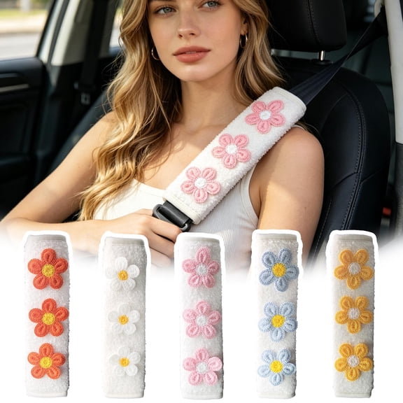 Cute Flower Seat Belt Cover Pad Soft Plush Shoulder Strap Protector 9.8"x2.4" Universal Fit for Car Seatbelt Backpack Luggage Strap Comfort Decor