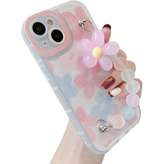 Cute Flower Floral Wrist Strap Chain Bracelet Clear Soft Compatible with iPhone Case for Women Girls (Pink,iPhone 13 Pro)