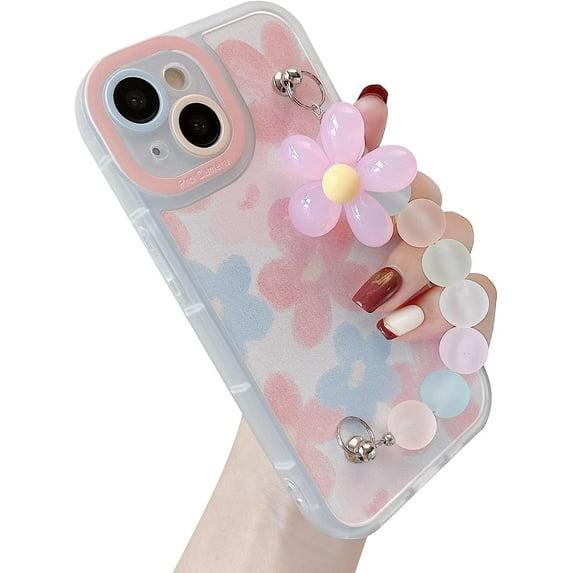Cute Flower Floral Wrist Strap Chain Bracelet Clear Soft Compatible with iPhone Case for Women Girls (Pink,iPhone 14 Pro)