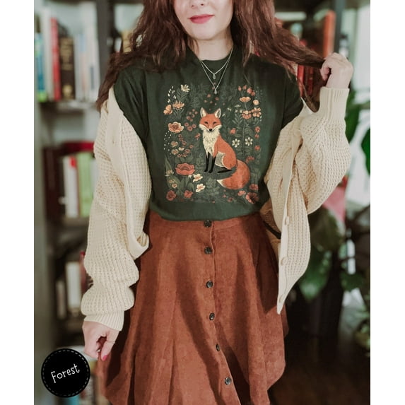 Cute Flower Fox Shirt, Vintage Floral Cottagecore Shirt, Wildflower Meadow, Woodland Lover Gift for Her, Fairycore Tee, Forestcore T-Shirt