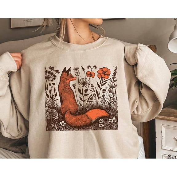 Cute Flower Fox Sweatshirt, Fox In A Meadow Shirt, Cottagecore Aesthetic Hoodie, Vintage Forestcore Tee, Woodland Animals Lover , E7588, Sweatshirt Size S-5Xl