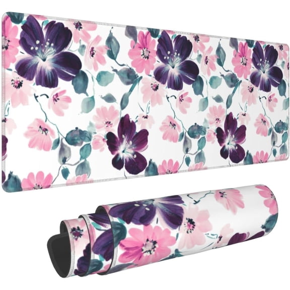 Cute Flower Large Gaming Mouse Pad 31.5x11.8in Purple Pink Watercolor Long Stitched Non-Slip Base Floral Computer Keyboard Mat for Women & Girls