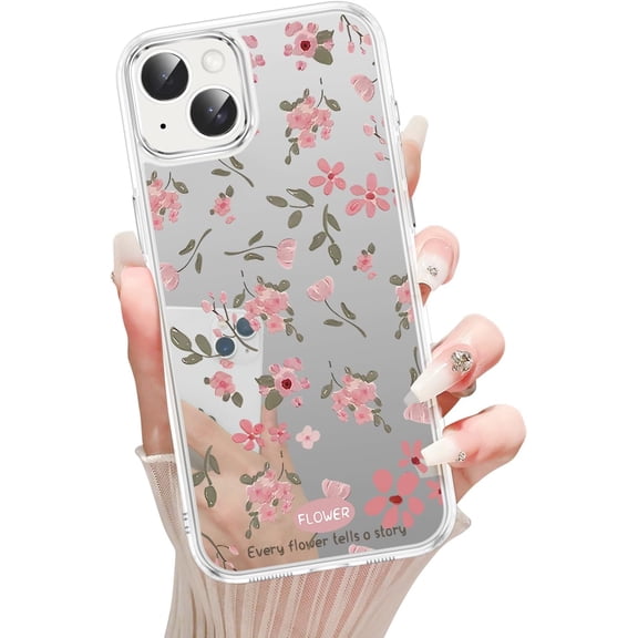 Cute Flower Mirror Case for iPhone 14 Plus 6.7'', Floral Pattern Print Design Funda Aesthetic Trendy Glossy Hard Back Soft TPU Shockproof Protective Adorable Cover Mirror for Women Girl Makeup