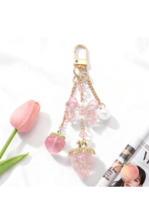 Cute Flower Peach Y2K Key Chain Bowknot Resin Key Ring Strawberry Bag Pendant Women
