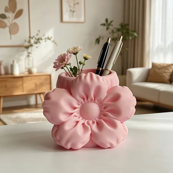 Cute Flower Pen Desk Organizer Makeup Brush Holder Resin Printed Storage Cup Home Office Decor
