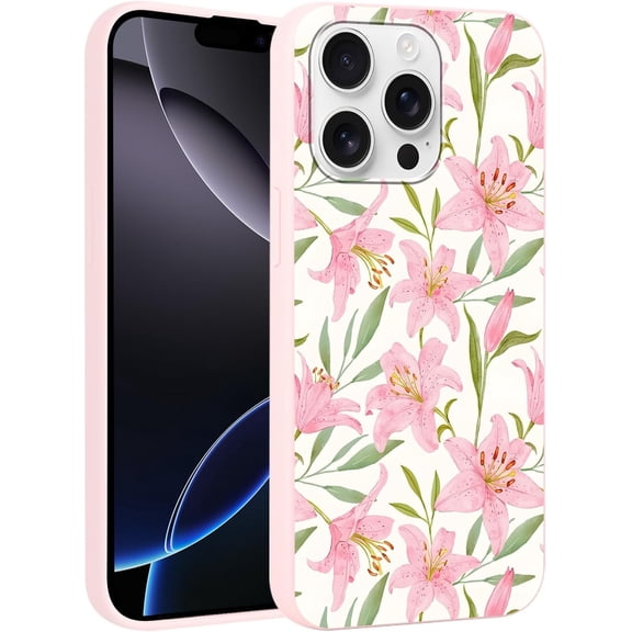 Cute Flower Phone Case for iPhone 16 Pro Case 6.3", Aesthetic Trendy Pink Lily Floral Pattern Design Shockproof Anti-Scratch Soft Slim Flexible Silicone Pink Funda Cover for Women Girls