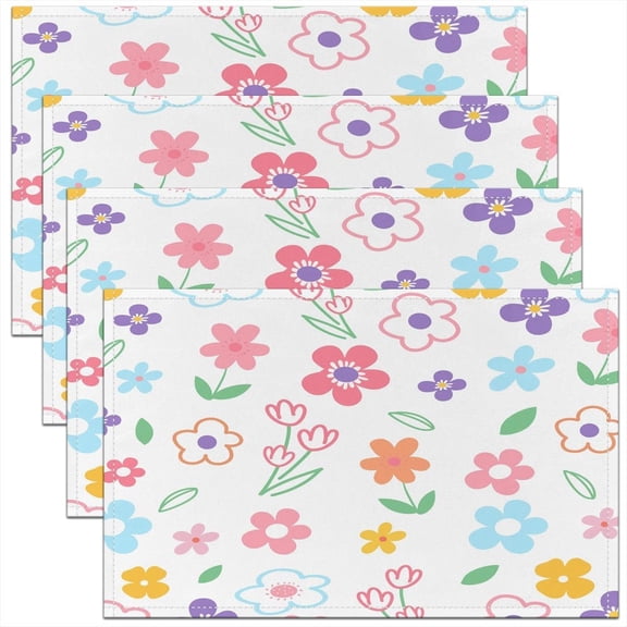Cute Flower Placemats Set of 4,Leaves Print Washable Place Mats 12x18 Inch for Dining Table Decorations,Kids Cartoon Kawaii Floral Table Mats for Kitchen Decor Dinner Indoor