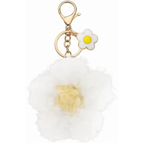 Cute Flower Plush Keychains for Backpacks Handbags Pom Pom Cherry Blossom Keychain Charm for Women Fluffy Fuzzy Key Chains