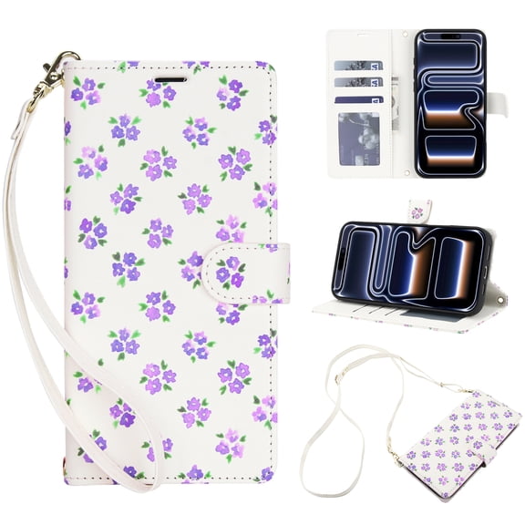 Cute Flower For Samsung Galaxy A24 4G Phone Case Wallet with Strap, Crossbody PU Leather Flip Book [RFID Blocking] Cover with ID Card Holder & Cash Slot Trendy Vintage Floral Case,Purple