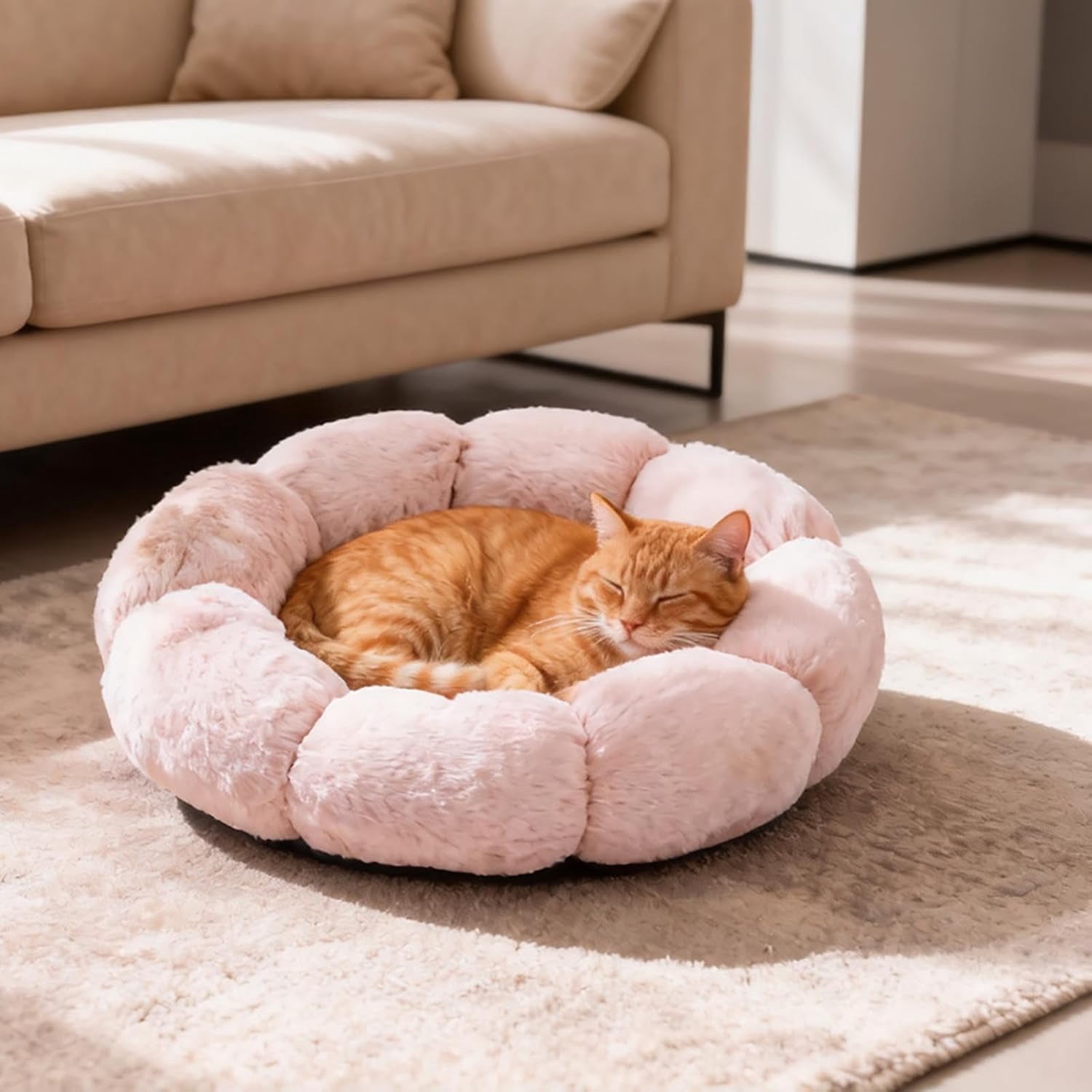 Cute Flower Shape Cat Bed, Soft & Comfortable Round Dog Bed, Washable Pet Bed with Removable Cushion for Indoor Kittens & Puppies, Calming Support for Small Medium Cats & Dogs