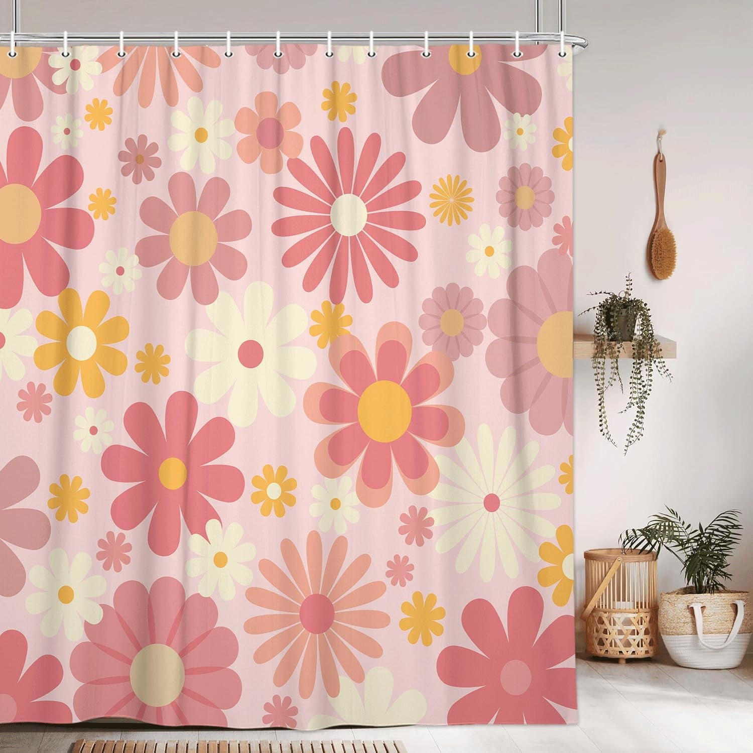Cute Flower Shower Curtain, Vintage Hippie Funky 70s Sun Flowers Shower Curtains for Bathroom Decor, Pastel Pink Flora Groovy Boho Aesthetic Girls Shower Curtain with 12 Hooks, 72X72in