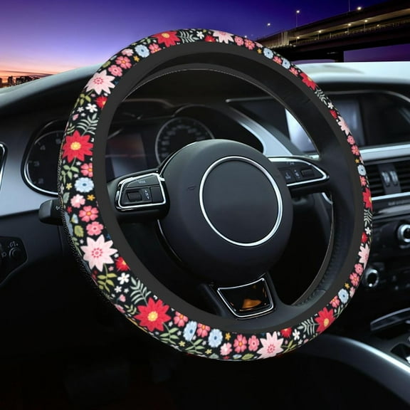Cute Flower Steering Wheel Cover 15 Inches for Women Men, Neoprene Anti-Slip Floral Car Steering Wheel Grip Wrap Car Accessories Protective Case Cover for Vehicle Truck SUV