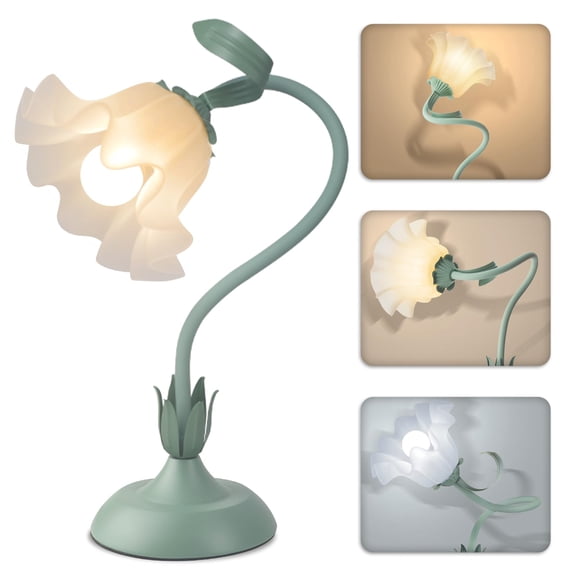 Cute Flower Table Lamp, Flexible Gooseneck Nightstand Lamp with Warm White Neutral Cool Light, Decorative LED Bedside Lamp for Study, Dorm, Living Room, Office, Green