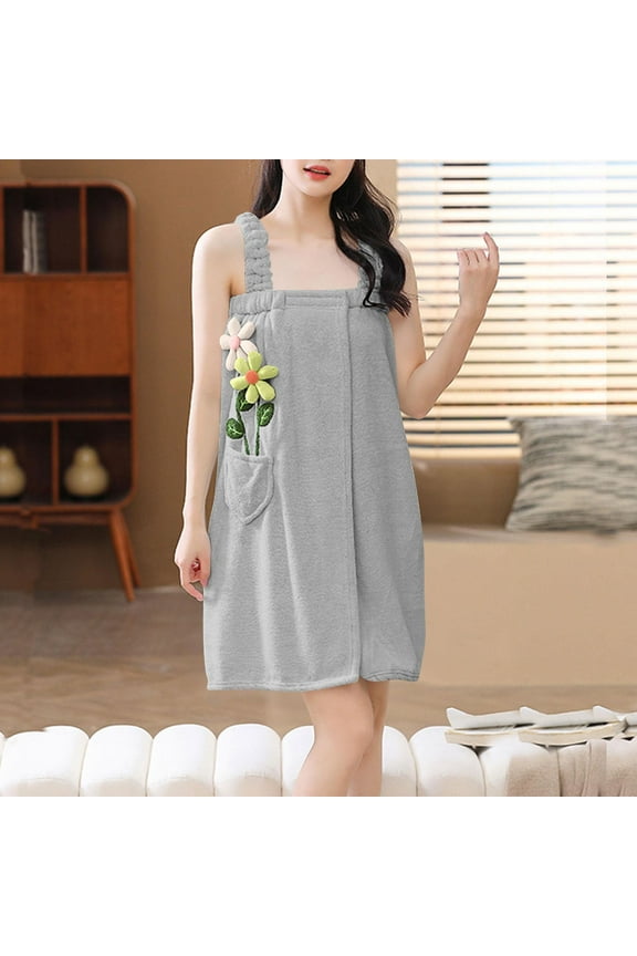 Cute Flower Towel Dress for Women, Thickened Sleeveless Fleece Bathrobe Plus Size Wearable Absorbent Robes Loungewear New Womens Nightdress Sleepwear Gray One Size