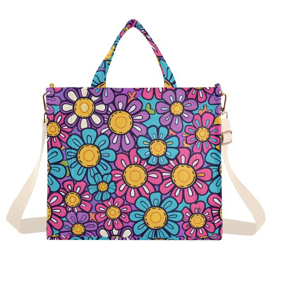 Cute Flowers Corduroy Tote Bag Handbag Large Messenger Bag Shoulder Crossbody Zipper Bag Purse