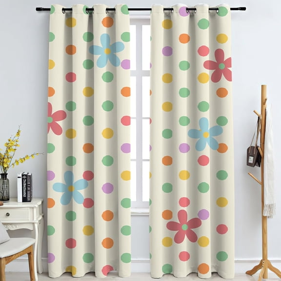Cute Flowers Girls Bedroom Decorative Blackout Curtains, Set Colorful Dots Window Curtain Privacy Window Treatments For Playroom Living Room Kitchen Nursery 21"W x 45"L (Pack of 2)