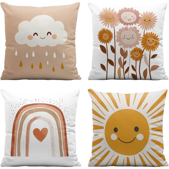 Cute Flowers Pillow Covers 18x18 Inch Set of 4, Clouds Rainbow Sun Cartoon Throw Pillow Covers Farmhouse Cushion Case Decor for Sofa Couch