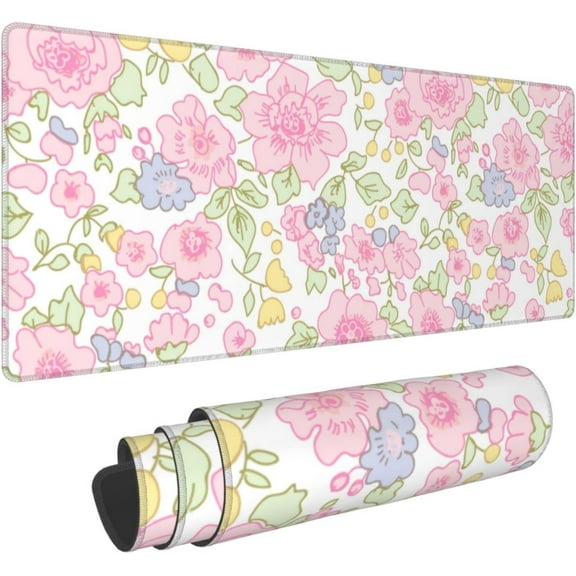 Cute Flowers Pink Floral Gaming Mouse Pad Large XL Desk Mat Long Extended Pads Big Mousepad for Home Office Decor Accessories 31.5 X 11.8 Inch