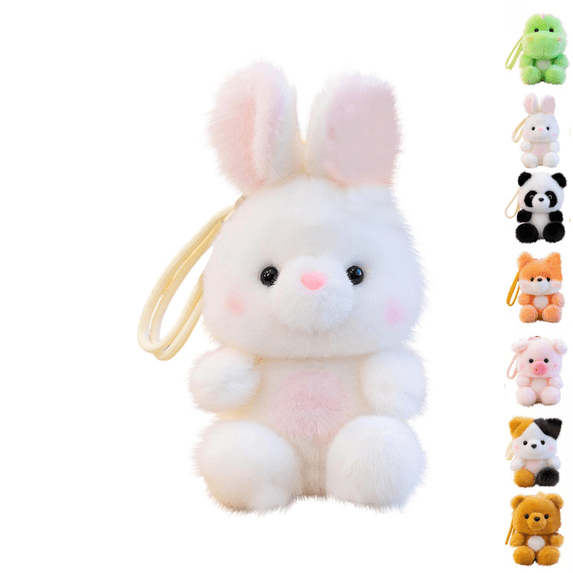 Cute Fluffy Animal Plush Keychain, Kawaii Rabbit Panda Bear Pig Dinosaur Fox Cat Stuffed Doll Pendant with Wrist Strap, Soft Mini Plushies Backpack Charm Gift for Girls Teens White