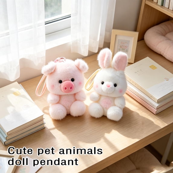 Cute Fluffy Animal Plush Keychain, Kawaii Rabbit Panda Bear Pig Dinosaur Fox Cat Stuffed Doll Pendant with Wrist Strap, Soft Mini Plushies Backpack Charm Gift for Girls Teens Green
