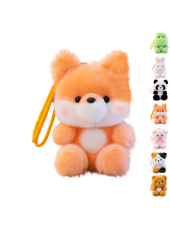 Cute Fluffy Animal Plush Keychain, Kawaii Rabbit Panda Bear Pig Dinosaur Fox Cat Stuffed Doll Pendant with Wrist Strap, Soft Mini Plushies Backpack Charm Gift for Girls Teens Orange