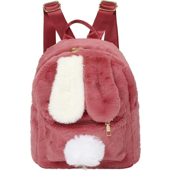Cute Fluffy Backpack Mini Rabbit Ears Daypack Purse Faux Fur Small Travel for Women Ladies, Black