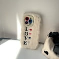 thumbnail image 1 of Cute Fluffy Case with Love Pattern for iPhone 15, Camera Stand Design Furry Funny Faux Winter Fur Case Soft Silicone Shockproof Kawaii Heart Pattern Cover for Women Girls - White, 1 of 5