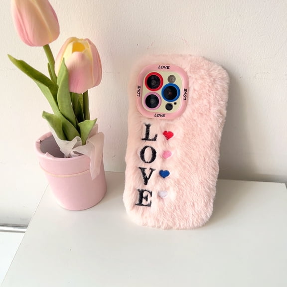 Cute Fluffy Case with Love Pattern for iPhone 15 Pro, Camera Stand Design Furry Funny Faux Winter Fur Case Soft Silicone Shockproof Kawaii Heart Pattern Cover for Women Girls - Pink