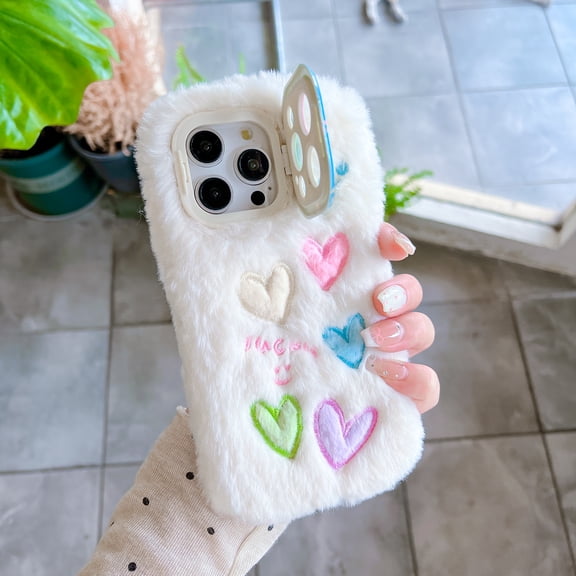 Cute Fluffy Case for iPhone 15 Pro, Camera Cover Kickstand Design Furry Funny Faux Winter Fur Case Soft Silicone Shockproof Kawaii Cover for Women Girls for iPhone 15 Pro - White