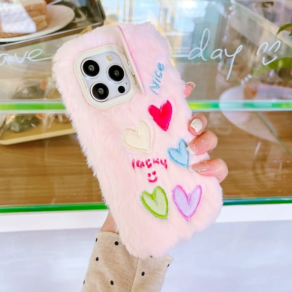 Cute Fluffy Case for iPhone 16 Pro, Camera Cover Kickstand Design Furry Funny Faux Winter Fur Case Soft Silicone Shockproof Kawaii Cover for Women Girls for iPhone 16 Pro - Pink