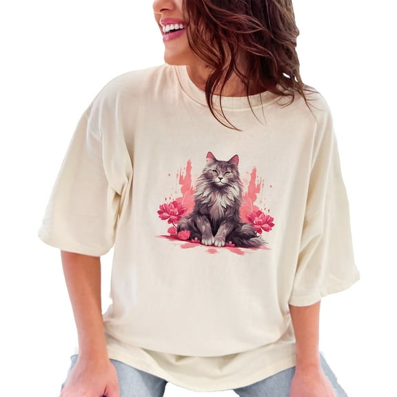 Cute Fluffy Cat T Shirt, Watercolor Cat with Flowers Tee, Artistic Cat Illustration Shirt, Cat Lover Gift, Feline Art Graphic Tee, Ivory Comfort Colors T-Shirt, XL