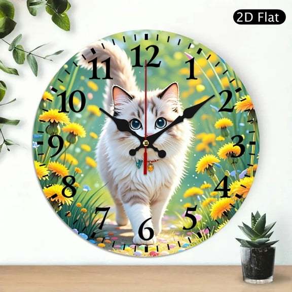 Cute Fluffy Cat Wall Clock, Whimsical Meadow Illustration with Blue Eyed Kitten, Decorative Round Silent Clock for Home Decor, 10x10 Inch, 1pc, Battery Not Included