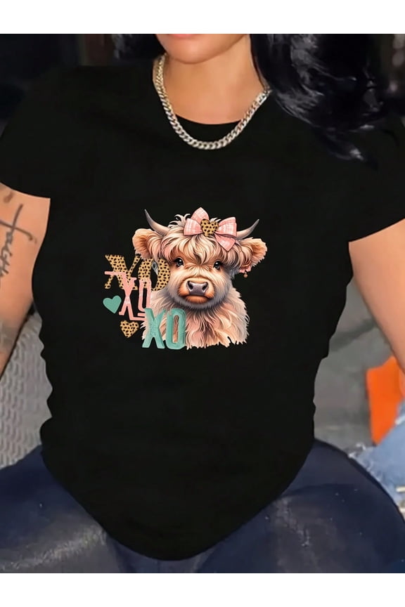 Cute Fluffy Cow Valentine's Day XOXO Women Short Sleeve Casual Graphic T-Shirt