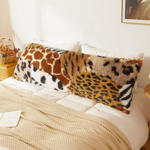 Cute Fluffy Faux Fur Animal Print Patchwork Body Pillow Cover, 20x54 Fuzzy Furry Pillowcase with Zipper Bedroom, Plush Shaggy Long Bed Bolster Cover for Kids Teens Adult,